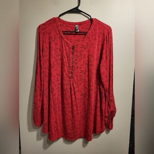 Denver Hayes Red Patterned Long Sleeve Top, Size XL